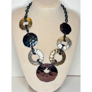 Vintage Mixed Metal Boho Statement Necklace Laura Ashley Hammered Disc Rings